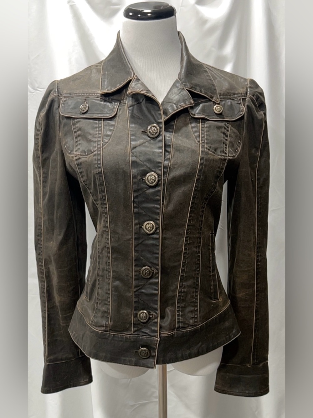 Peruvian Connection Womens Brown Distressed Jacket Coat Size 8 Cotton Blend